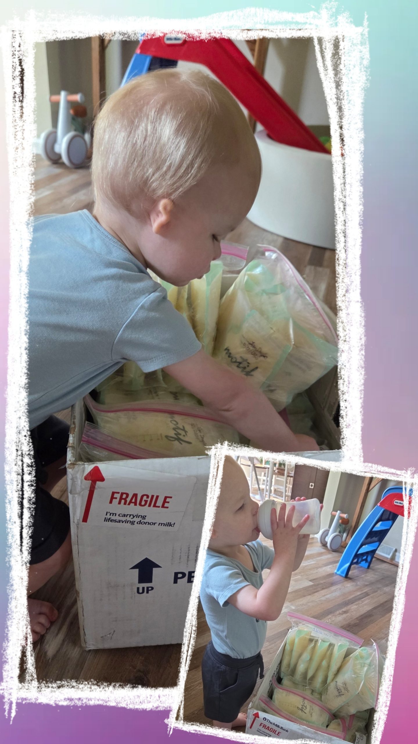 baby with blond hair loading pumped milk bags into a box