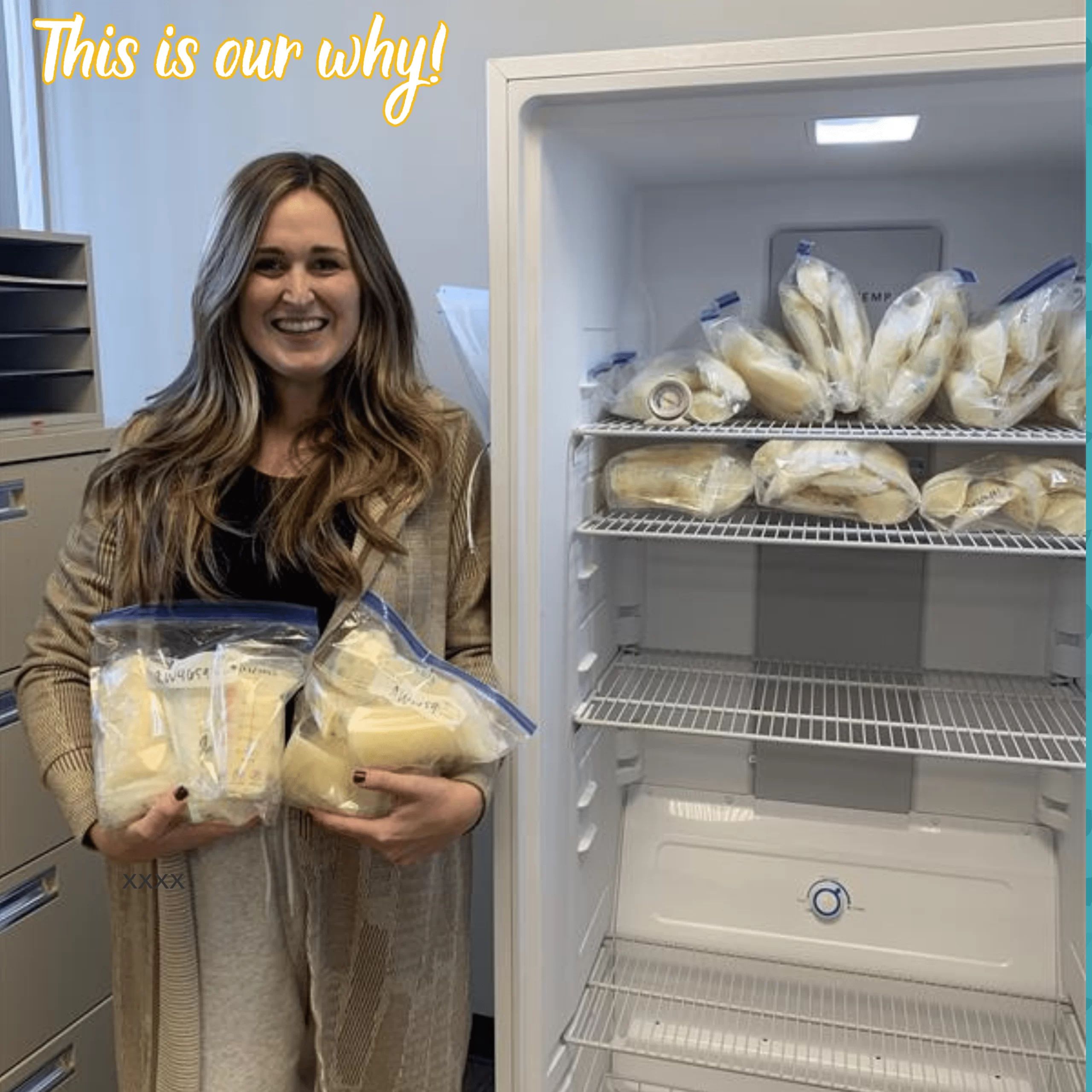 Proud Mom with long dark hair holding her donation of large bags of milk