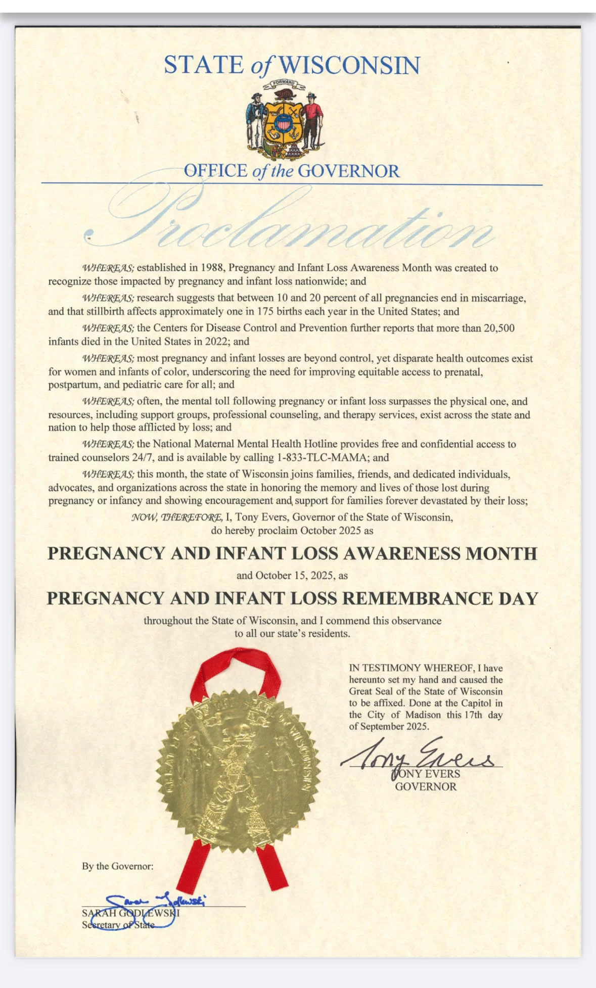 Wisconsin State Proclamation of Pregnancy Infant Loss Awarenss Moth